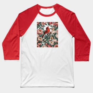 Red Cardinal Bird and Peony Flowers Baseball T-Shirt